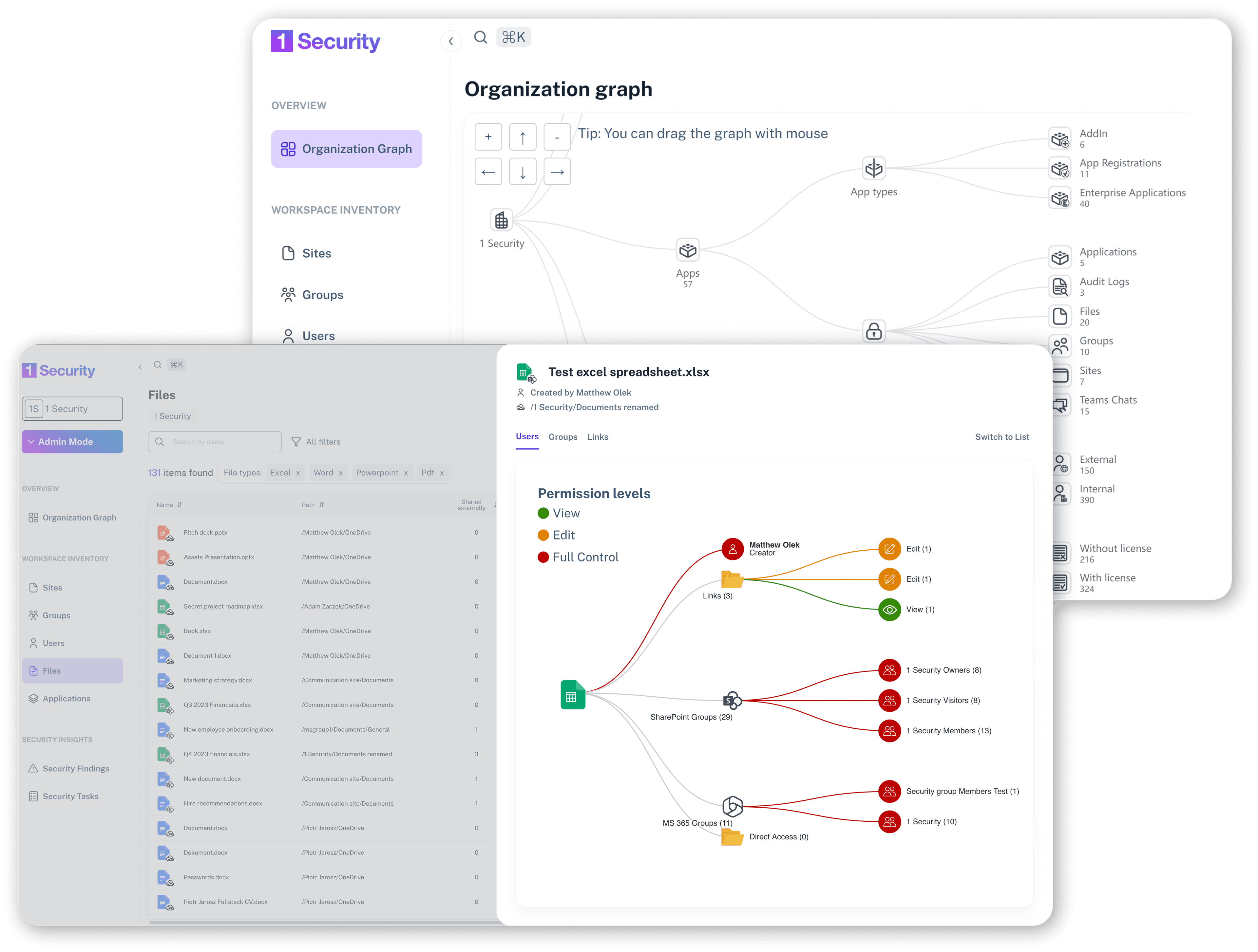 App demo with file access rights and organization graph